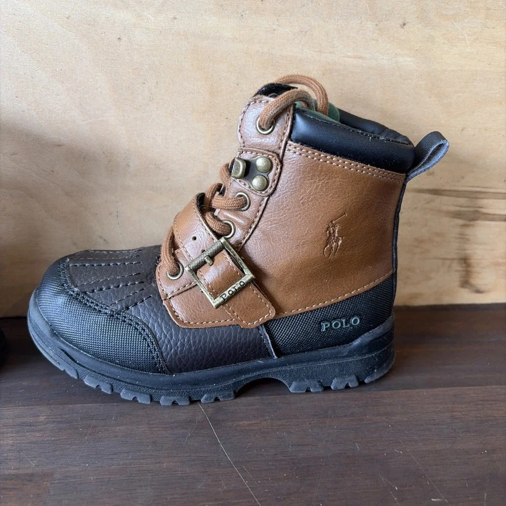 Polo Ralph Lauren Toddler Brown Black Leather Boots Water Resistant Buckle 9.5